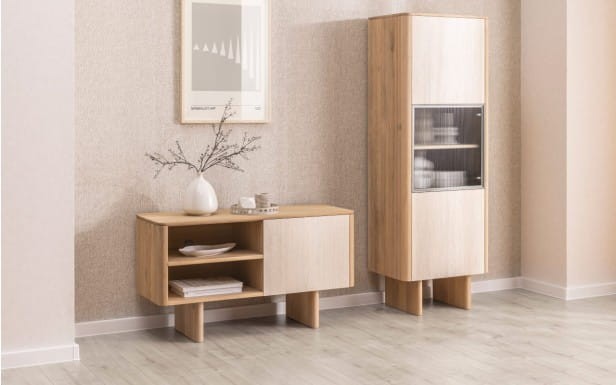Artigiano- Display Cabinet Solid Oak Wood with Sintered Quartz Fronts, Luxury and Timeless