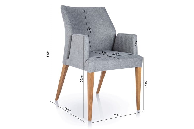 Aldo Upholstered Designer Dining Chair by MEK design- with armrest dimension