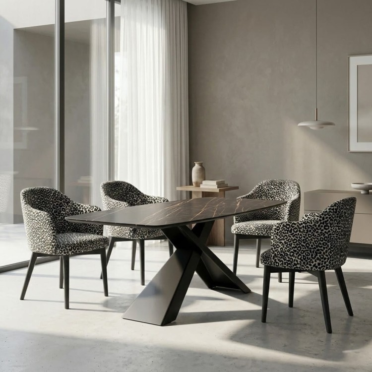 Wild textile Louis chairs in set with Xavier dining table