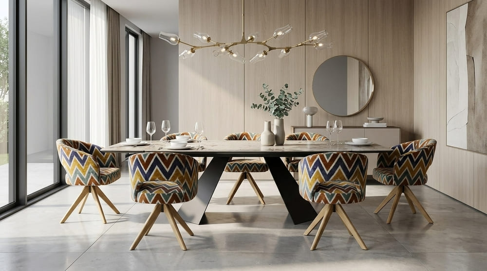 Modern dining room with an oval table, patterned dining chairs, contemporary chandelier and large window overlooking a garden and pool.