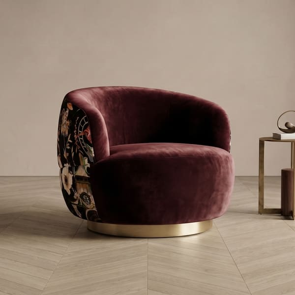 Mercer Swivel Chair in burgundy velvet with patterned jacquard back and brushed gold swivel base, handmade in England.